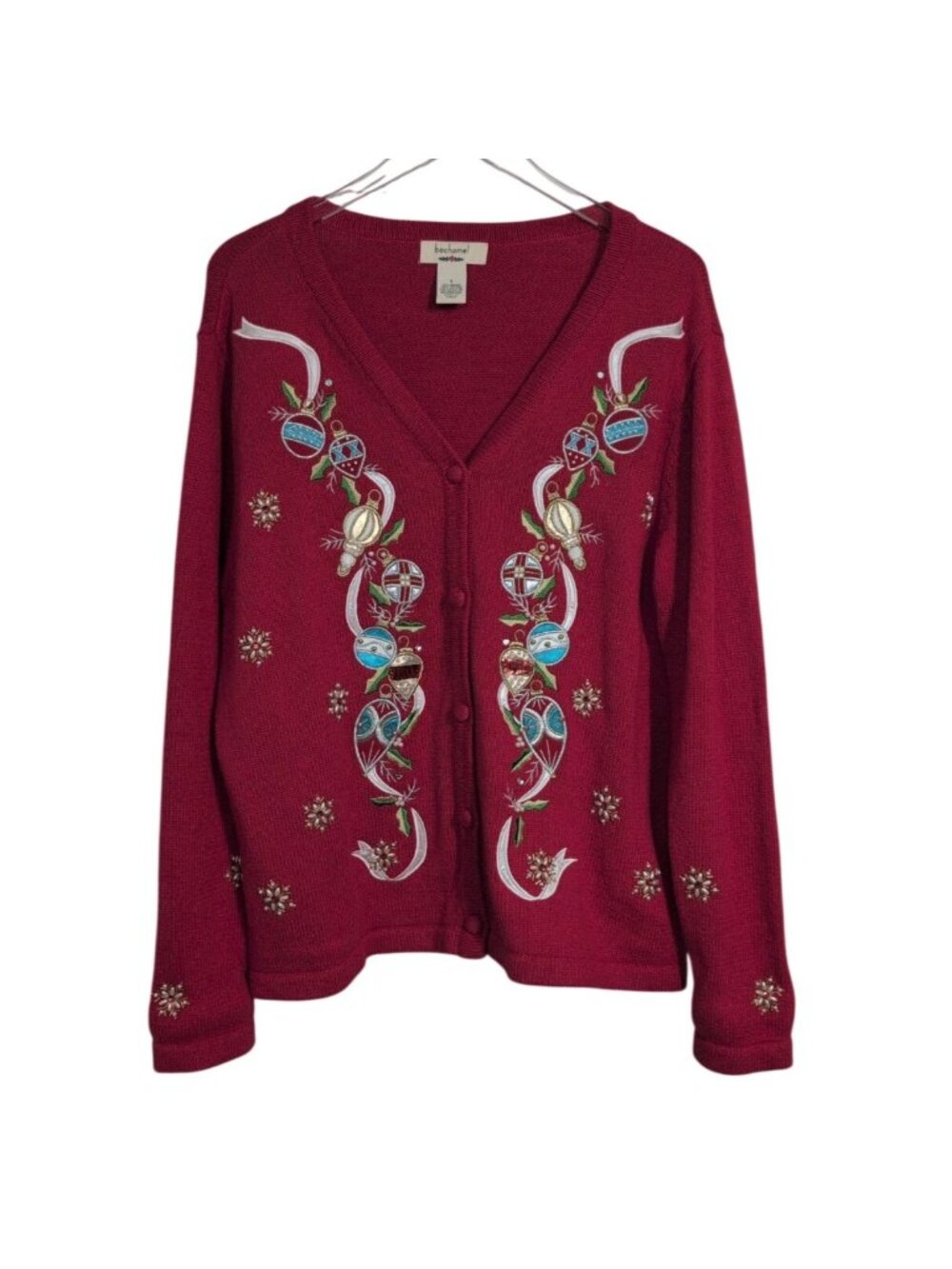 Vintage Bechamel Ugly Christmas Cardigan Womens Size Large Red Embroidered Beade